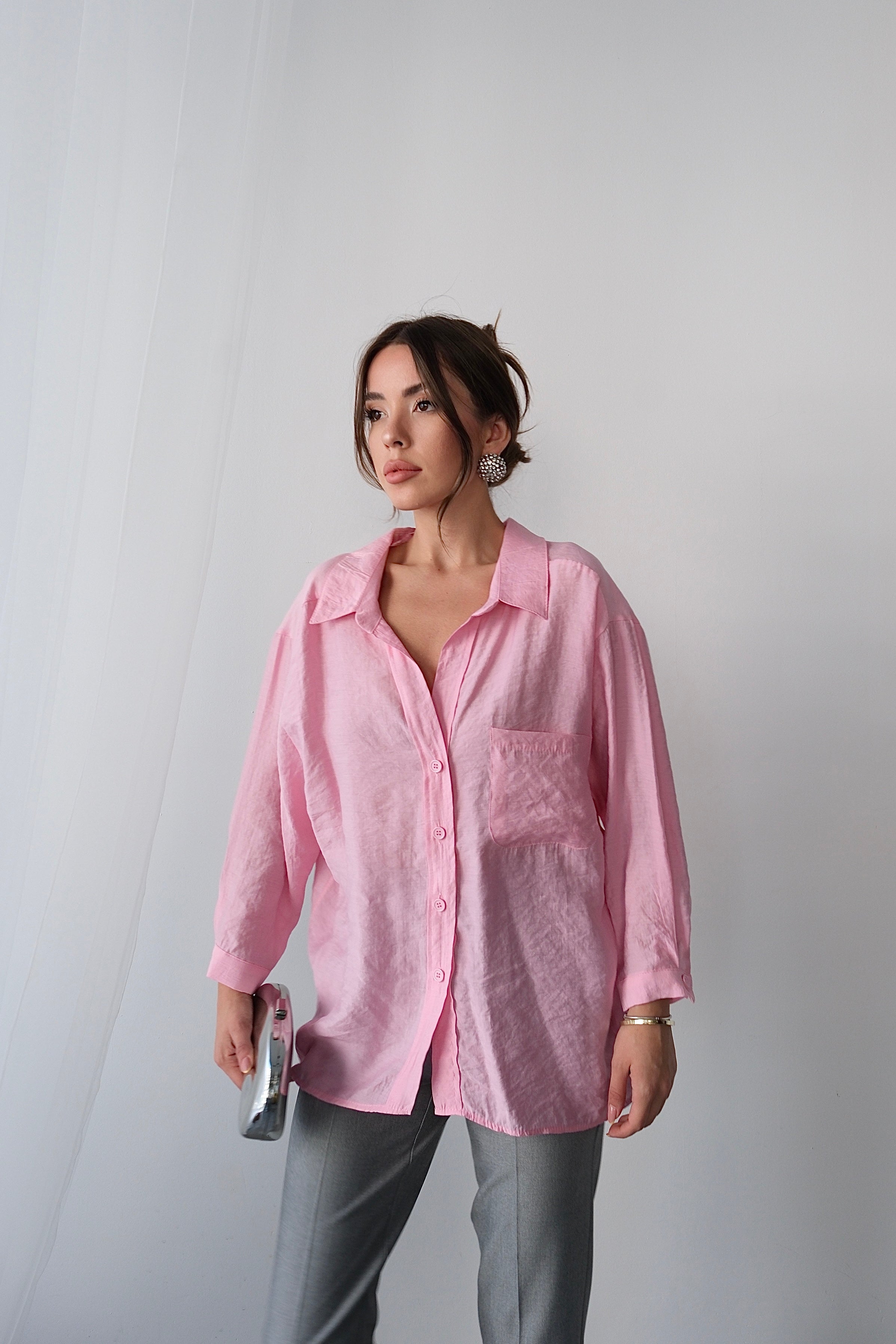 Yazlık Rahat Kesim Modal Kumaş Uzun Kollu Gömlek - Pembe