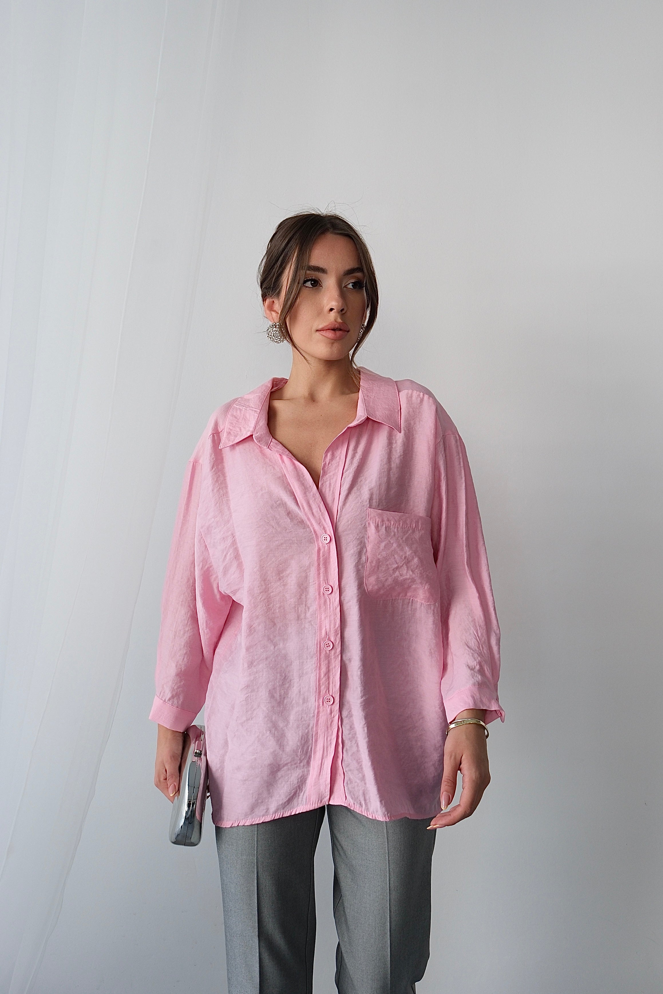 Yazlık Rahat Kesim Modal Kumaş Uzun Kollu Gömlek - Pembe