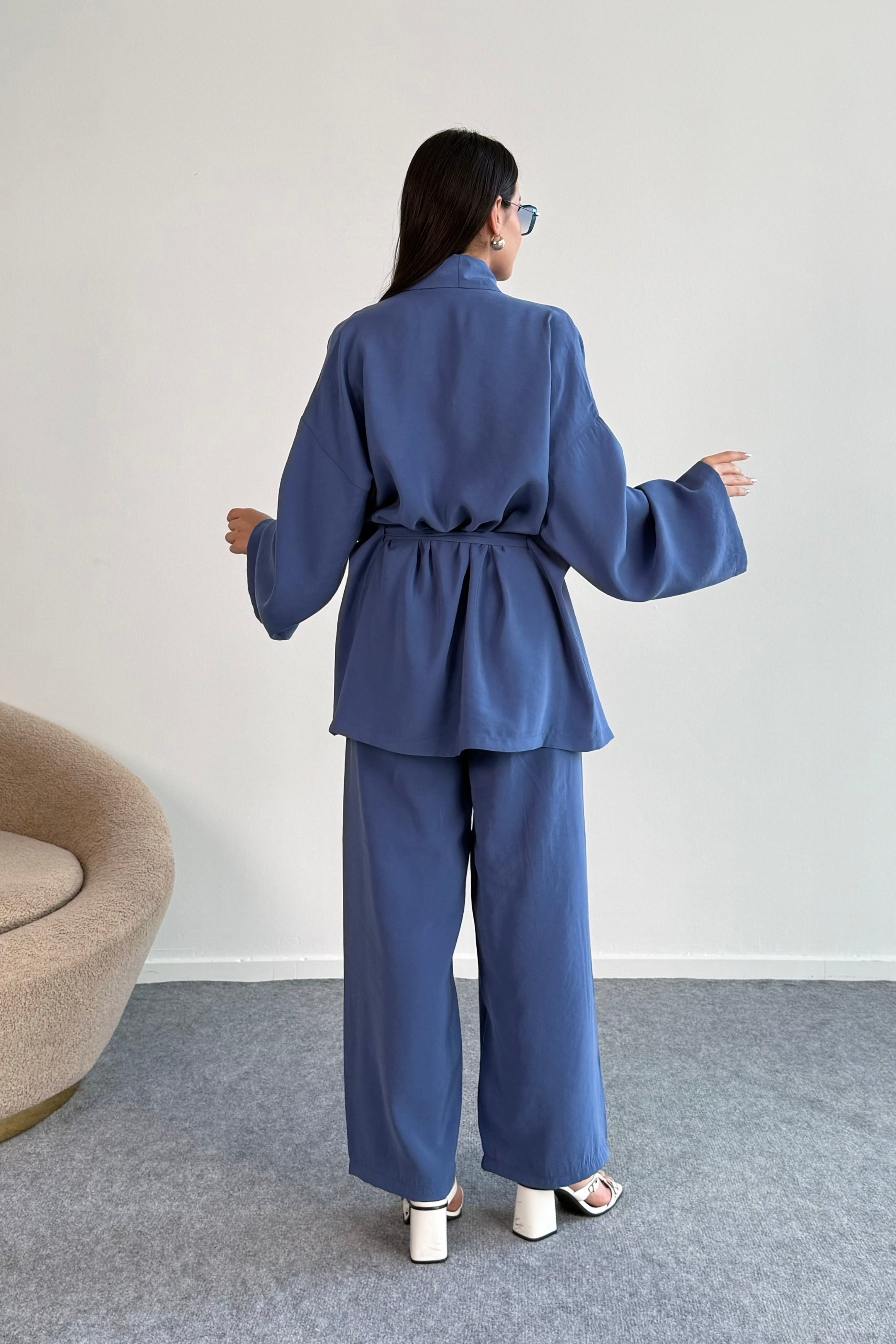 Bağlamalı Kimono Ceket ve Geniş Paça Pantolon İkili Takım 8026 - İndigo