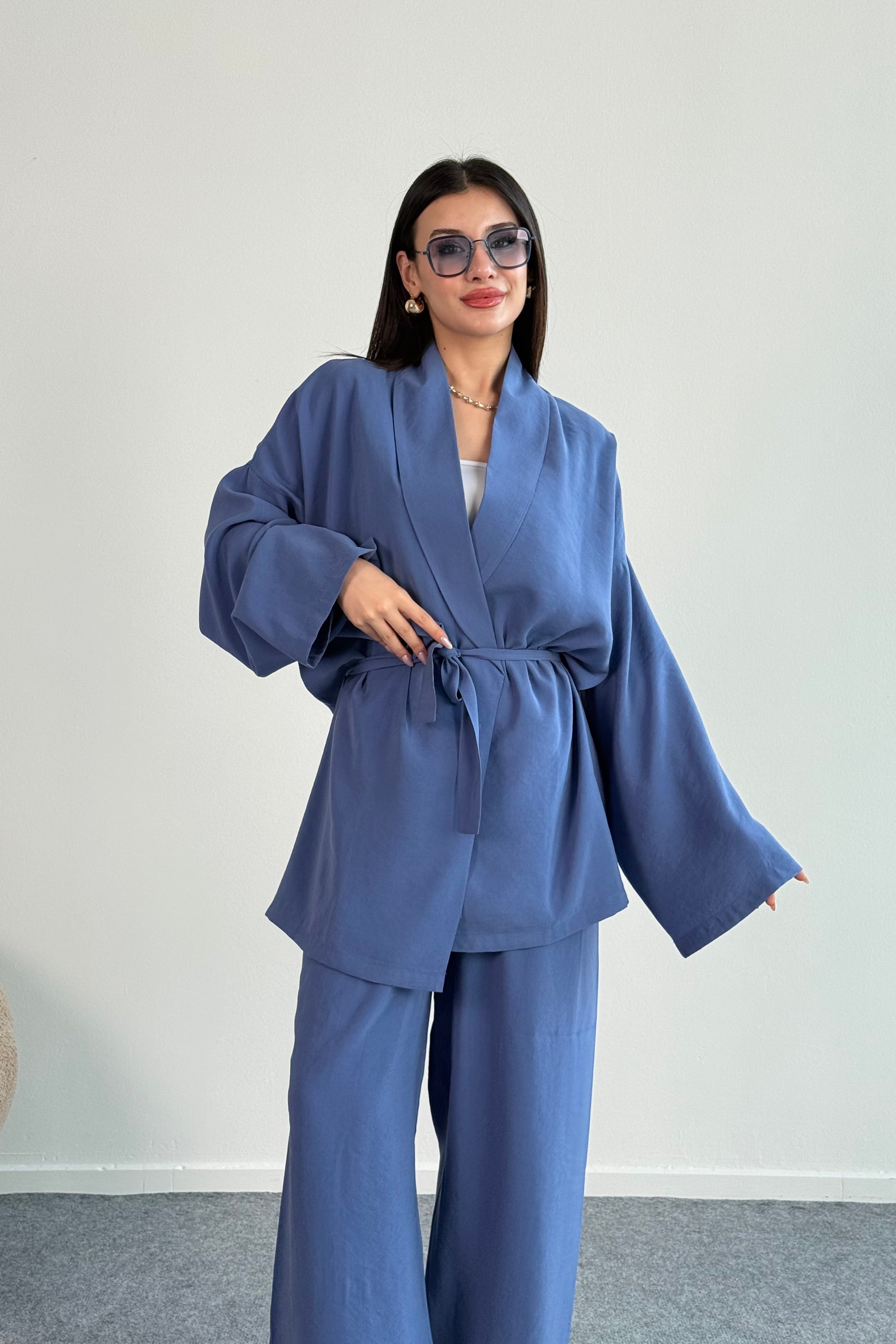 Bağlamalı Kimono Ceket ve Geniş Paça Pantolon İkili Takım 8026 - İndigo