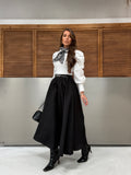 Kemerli Pilili Flare Maxi Etek Siyah 9065
