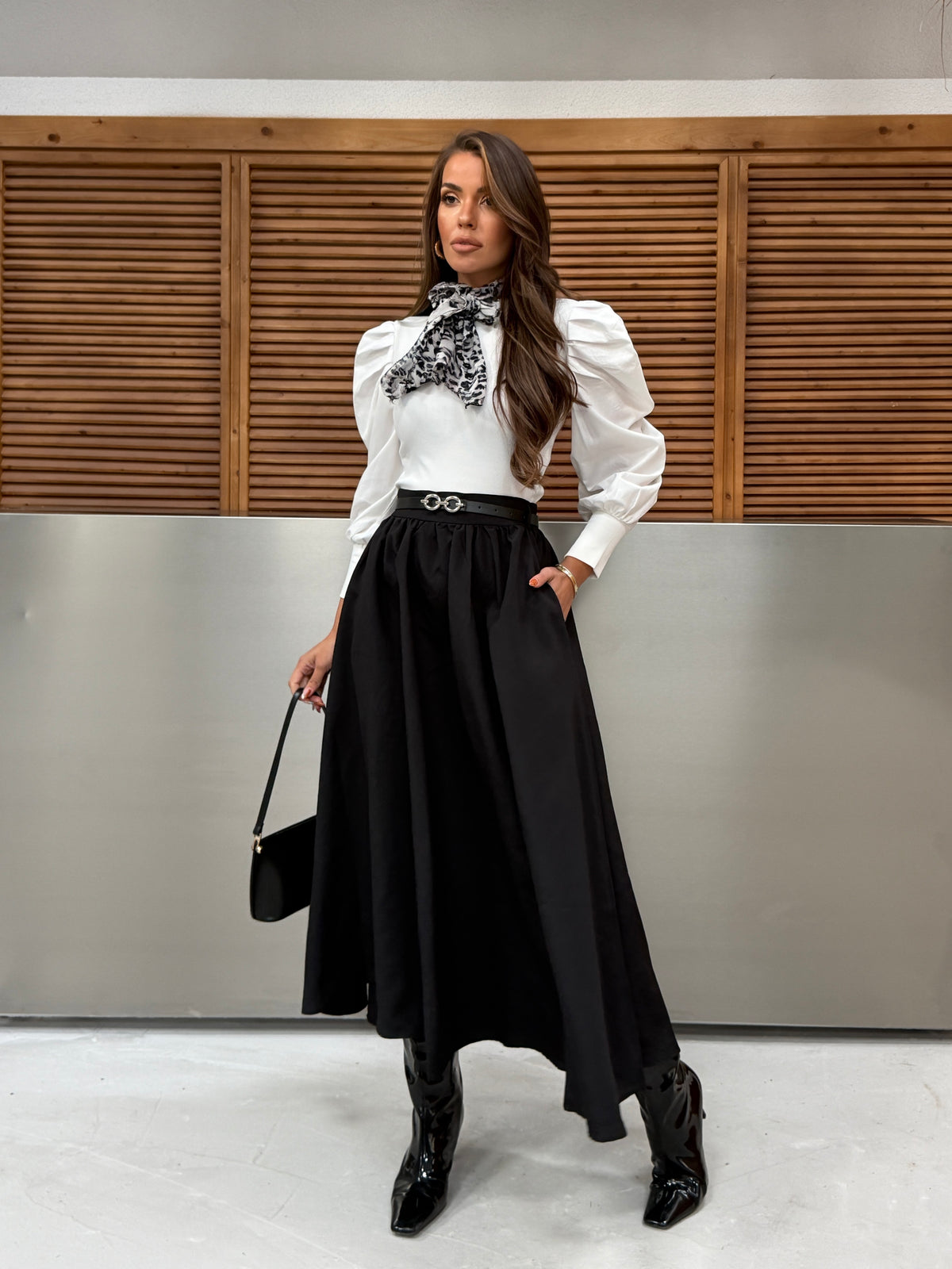 Kemerli Pilili Flare Maxi Etek Siyah 9065