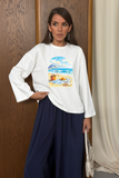 Kadın Dijital Baskılı Bisiklet Yaka Rahat Kesim Beyaz Sweatshirt 3192