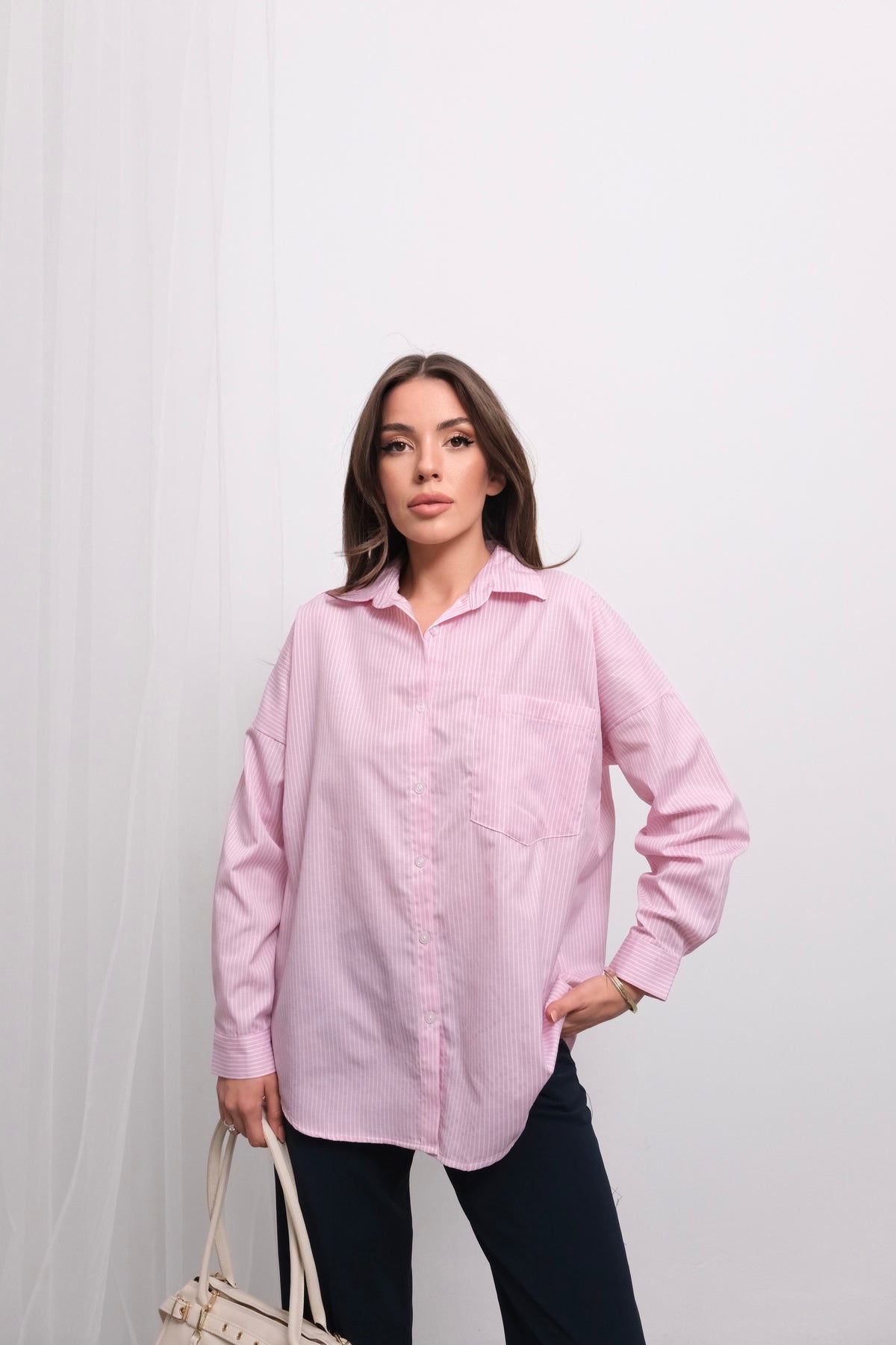 Trend Çizgili Desen Uzun Kollu Gömlek 51441 - Pembe Beyaz