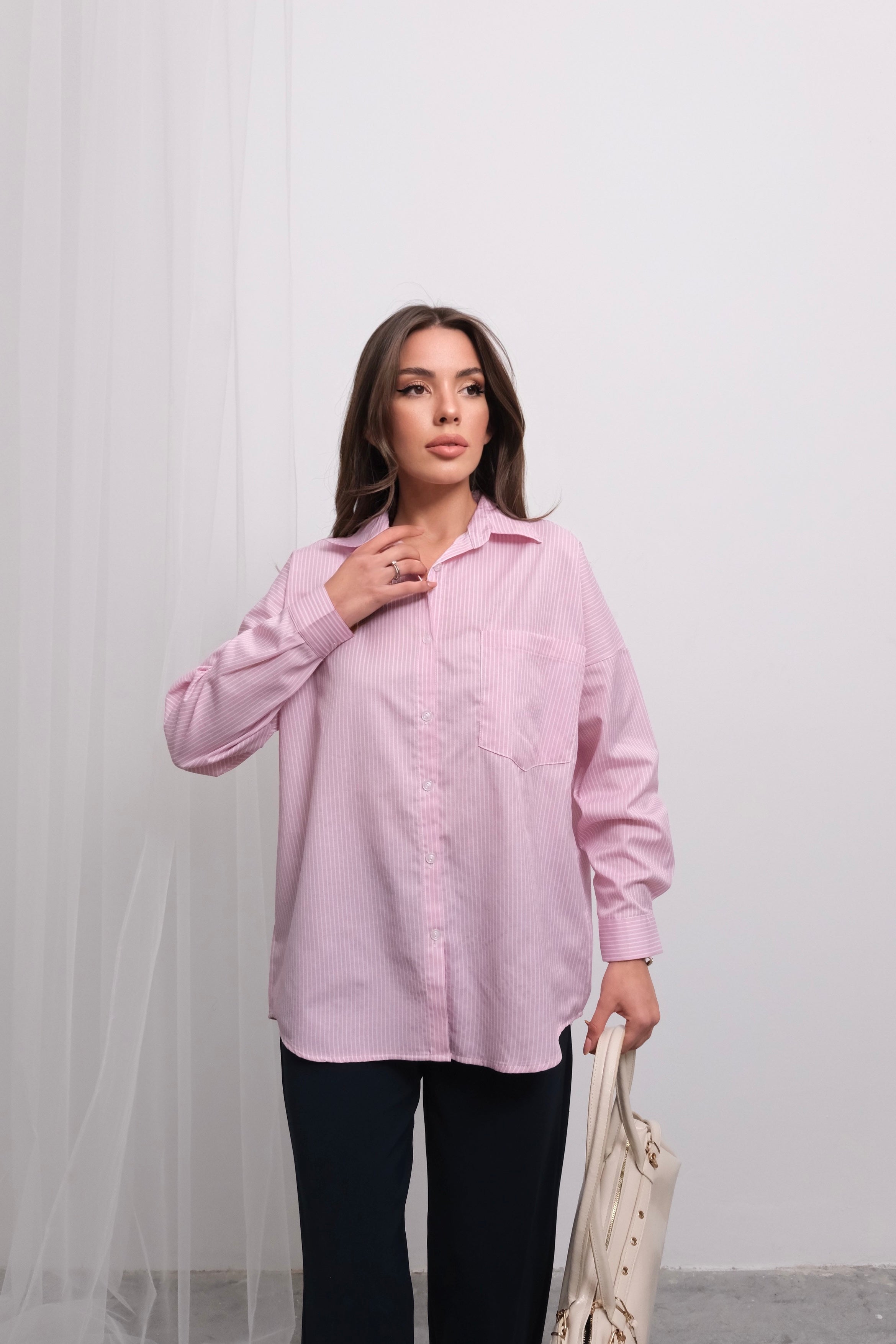 Trend Çizgili Desen Uzun Kollu Gömlek 51441 - Pembe Beyaz