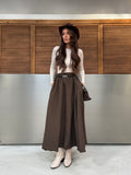 Kemerli Pilili Flare Maxi Etek Kahverengi 9065
