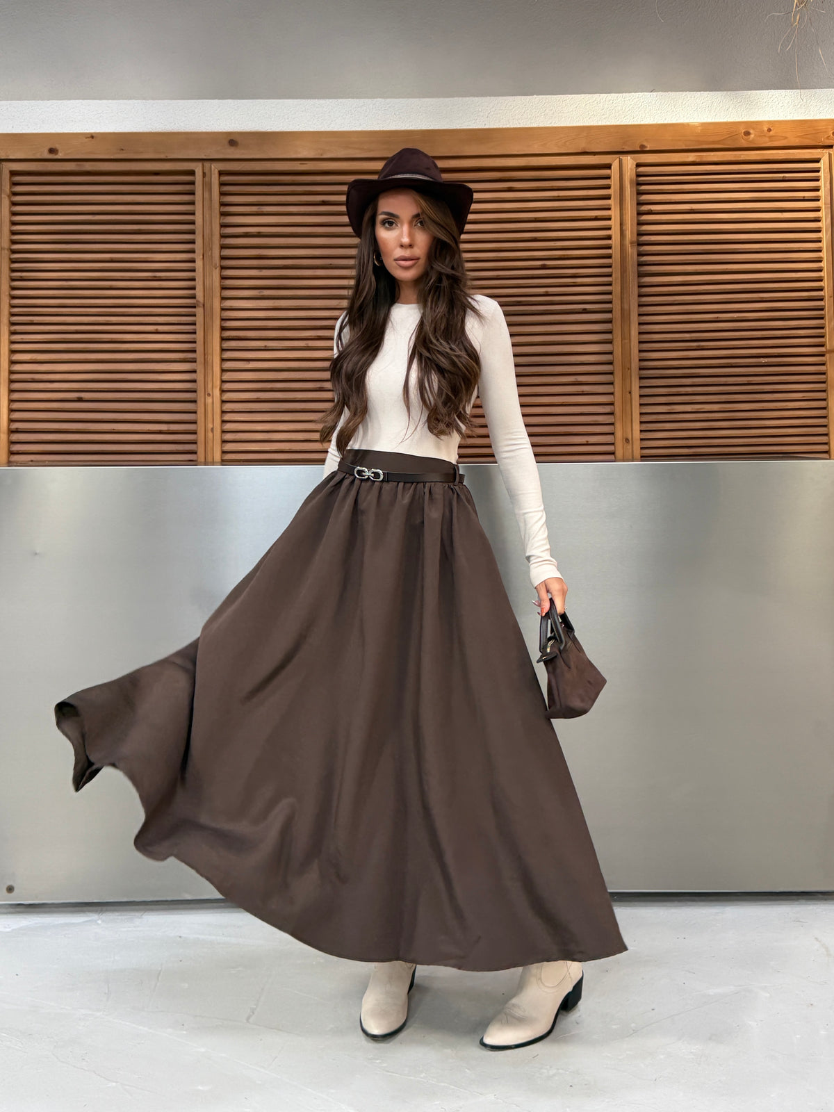 Kemerli Pilili Flare Maxi Etek Kahverengi 9065