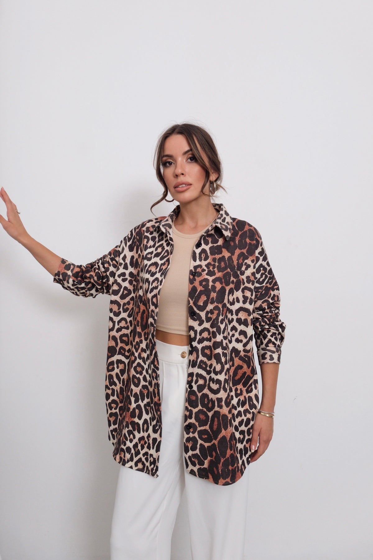 Dijital Baskılı Leopar Desenli Oversize Gömlek