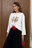 Kadın Dijital Baskılı Bisiklet Yaka Rahat Kesim Beyaz Sweatshirt 3192