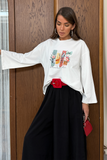 Kadın Dijital Baskılı Bisiklet Yaka Rahat Kesim Beyaz Sweatshirt 3192