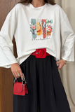Kadın Dijital Baskılı Bisiklet Yaka Rahat Kesim Beyaz Sweatshirt 3192