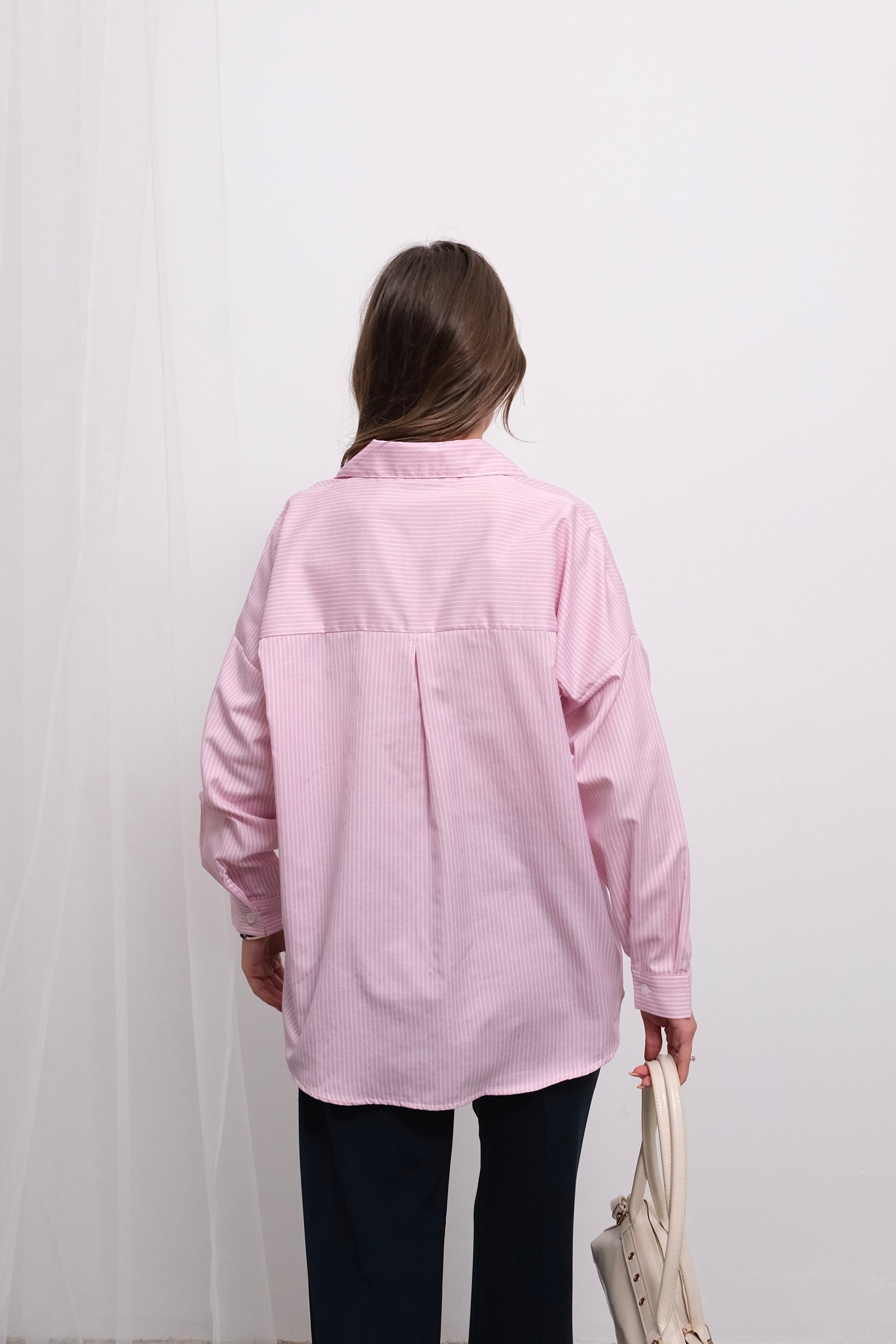 Trend Çizgili Desen Uzun Kollu Gömlek 51441 - Pembe Beyaz