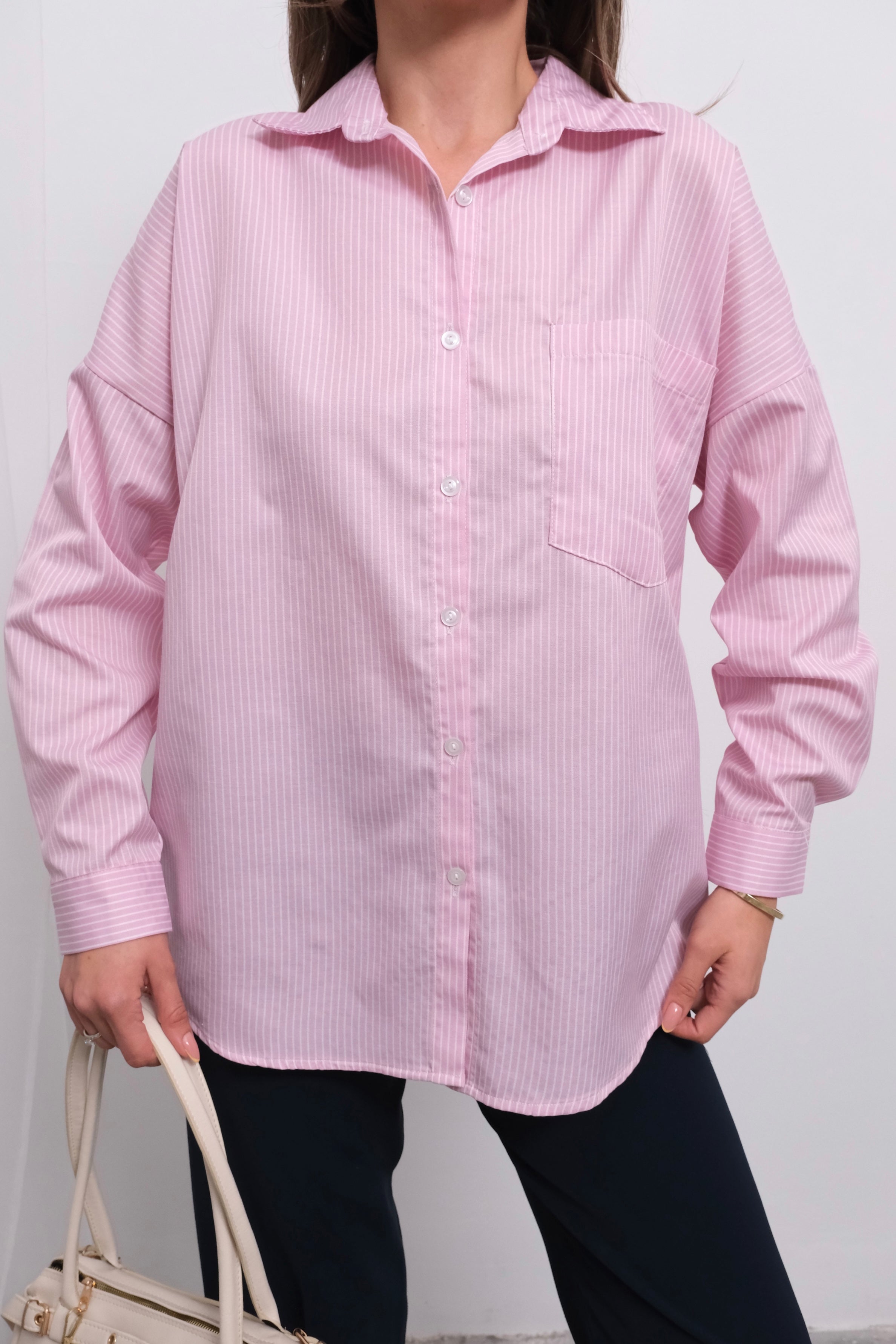 Trend Çizgili Desen Uzun Kollu Gömlek 51441 - Pembe Beyaz