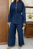 Kadın Beli Bağlamalı Özel Tasarım Düğmeli Denim İkili Takım 9162 - Lacivert