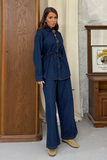Kadın Beli Bağlamalı Özel Tasarım Düğmeli Denim İkili Takım 9162 - Lacivert