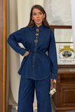 Kadın Beli Bağlamalı Özel Tasarım Düğmeli Denim İkili Takım 9162 - Lacivert