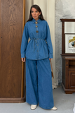 Kadın Beli Bağlamalı Özel Tasarım Düğmeli Denim İkili Takım 9162 - Mavi