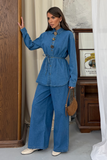 Kadın Beli Bağlamalı Özel Tasarım Düğmeli Denim İkili Takım 9162 - Mavi