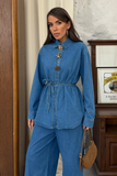 Kadın Beli Bağlamalı Özel Tasarım Düğmeli Denim İkili Takım 9162 - Mavi