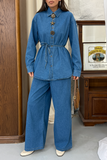 Kadın Beli Bağlamalı Özel Tasarım Düğmeli Denim İkili Takım 9162 - Mavi