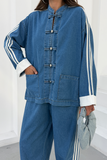 Kadın Kolları Şeritli Birit Düğmeli Hakim Yaka Denim Pantolon Takım 3194 - Mavi