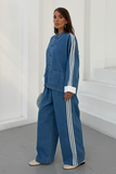 Kadın Kolları Şeritli Birit Düğmeli Hakim Yaka Denim Pantolon Takım 3194 - Mavi