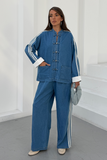 Kadın Kolları Şeritli Birit Düğmeli Hakim Yaka Denim Pantolon Takım 3194 - Mavi