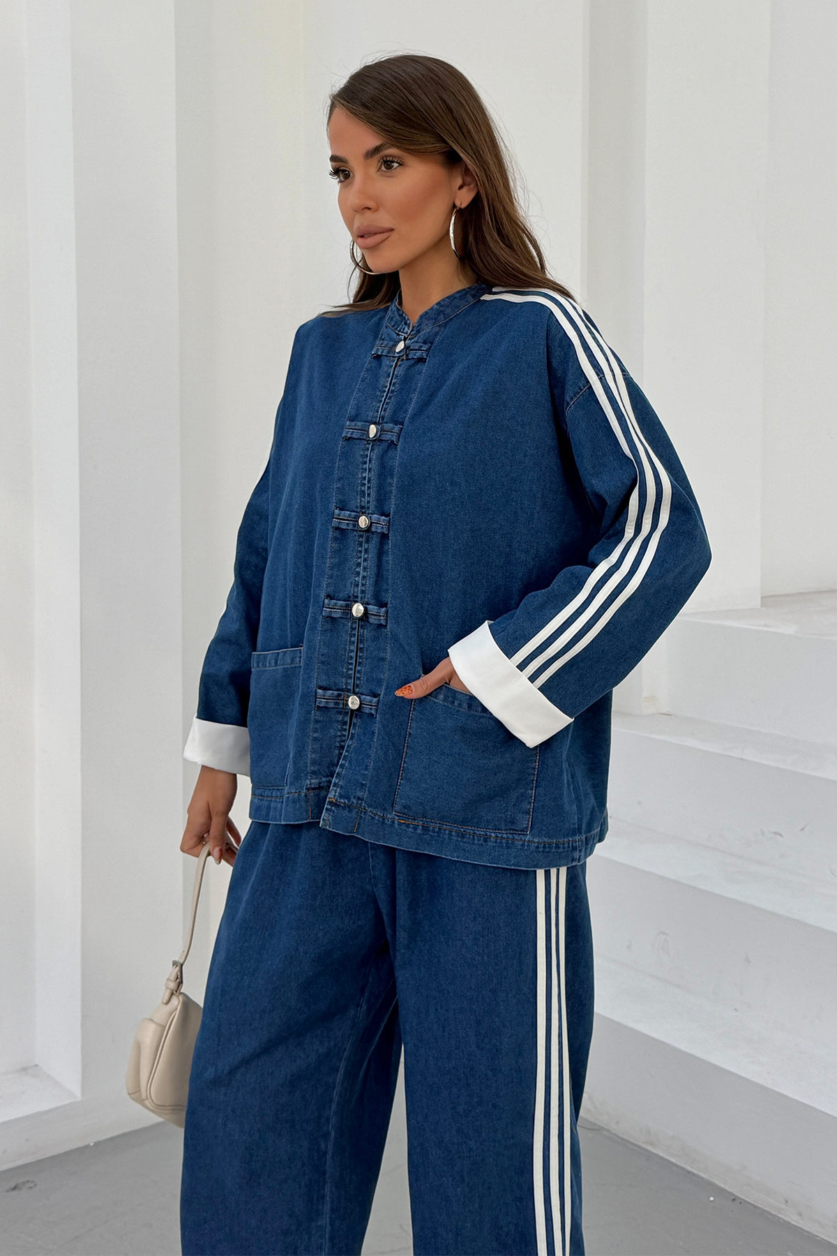 Kadın Kolları Şeritli Birit Düğmeli Hakim Yaka Denim Pantolon Takım 3194 - Lacivert