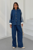 Kadın Kolları Şeritli Birit Düğmeli Hakim Yaka Denim Pantolon Takım 3194 - Lacivert