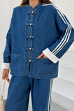 Kadın Kolları Şeritli Birit Düğmeli Hakim Yaka Denim Pantolon Takım 3194 - Lacivert