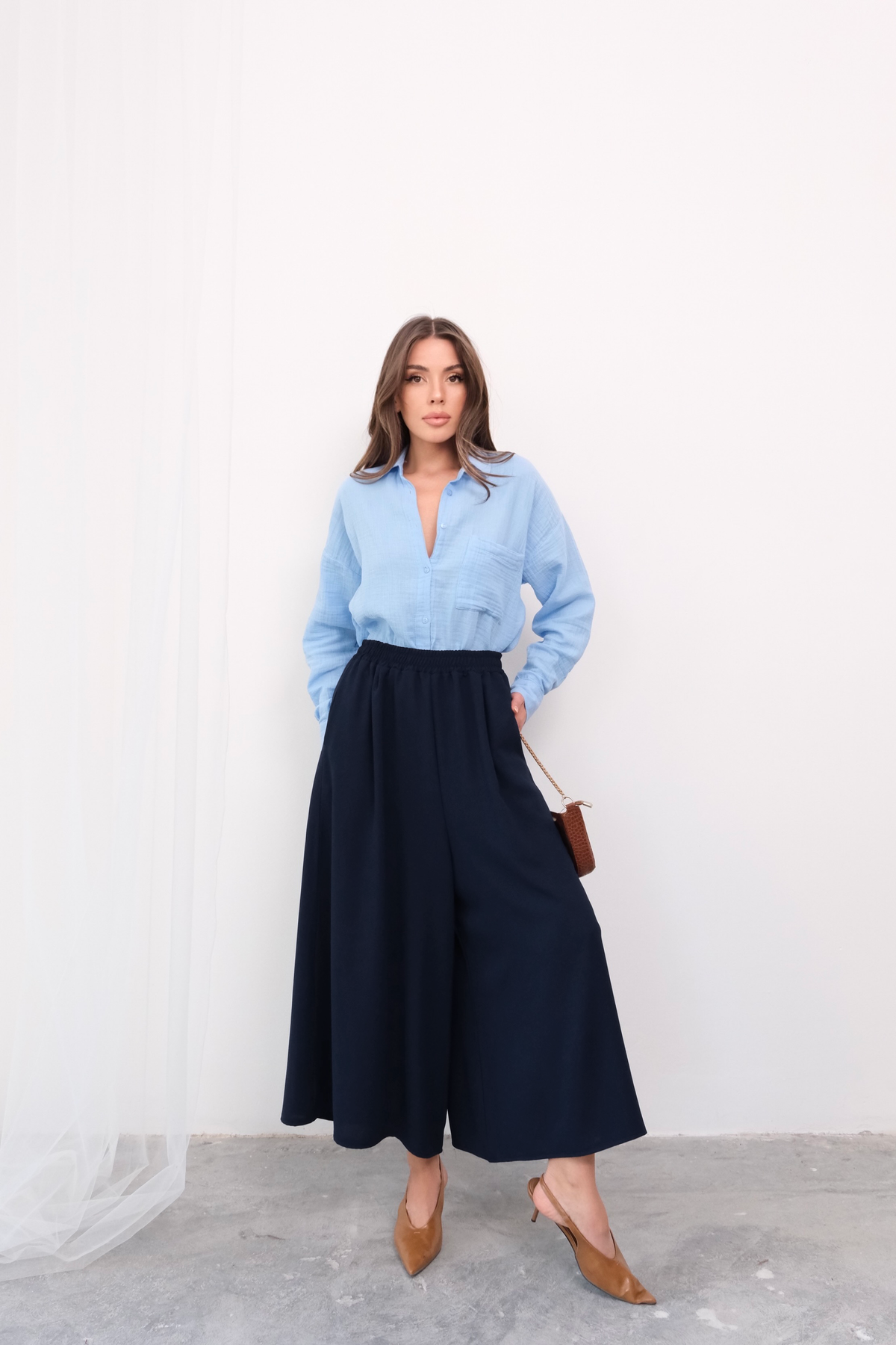 Beli Lastikli Geniş Kesim Kloş Double Krep Pantolon Etek 5187 - Lacivert