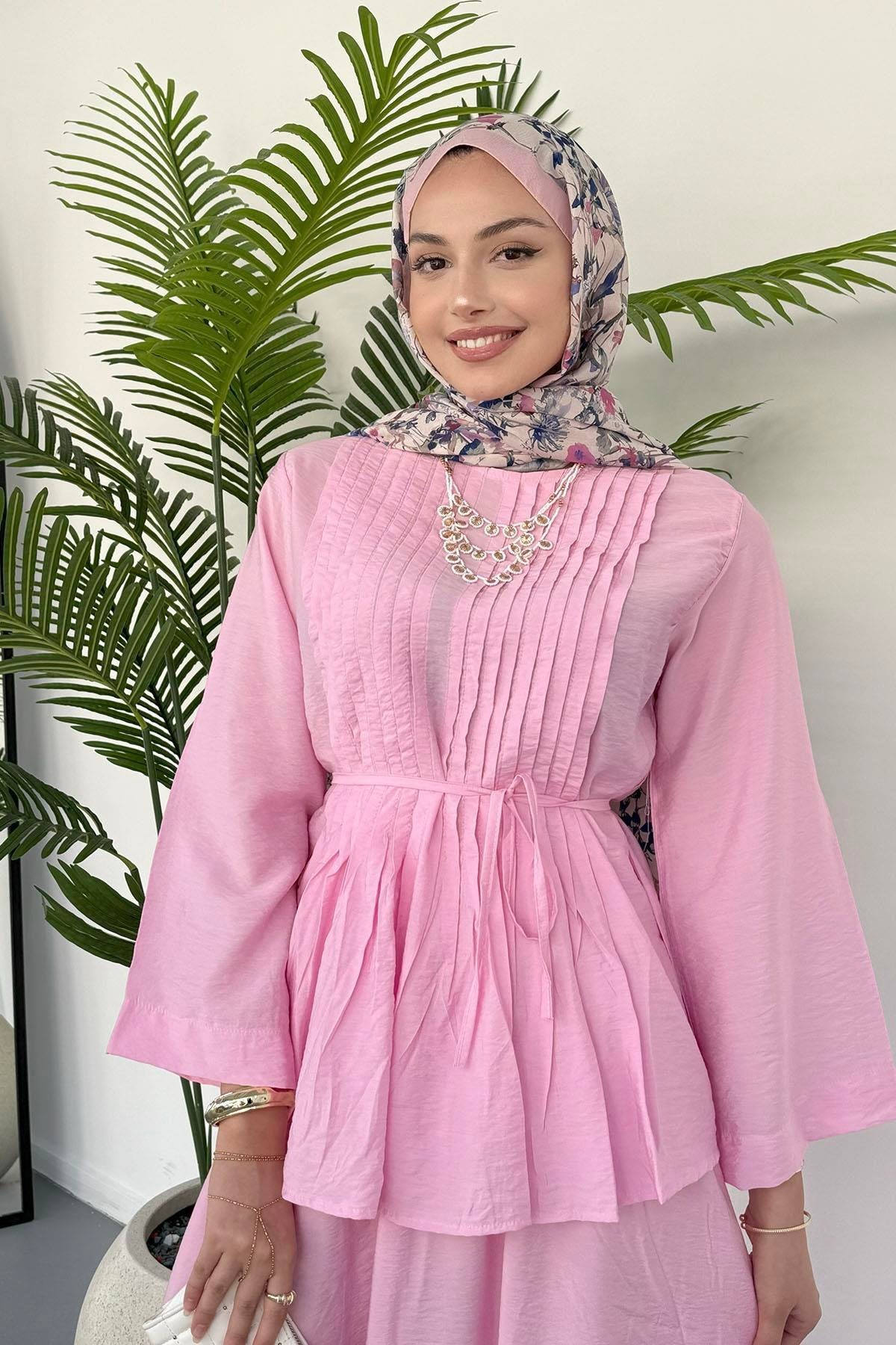 Nervürlü Bağcık Detaylı Bluz ve Dökümlü Etekli İkili Takım 8043 - Pembe