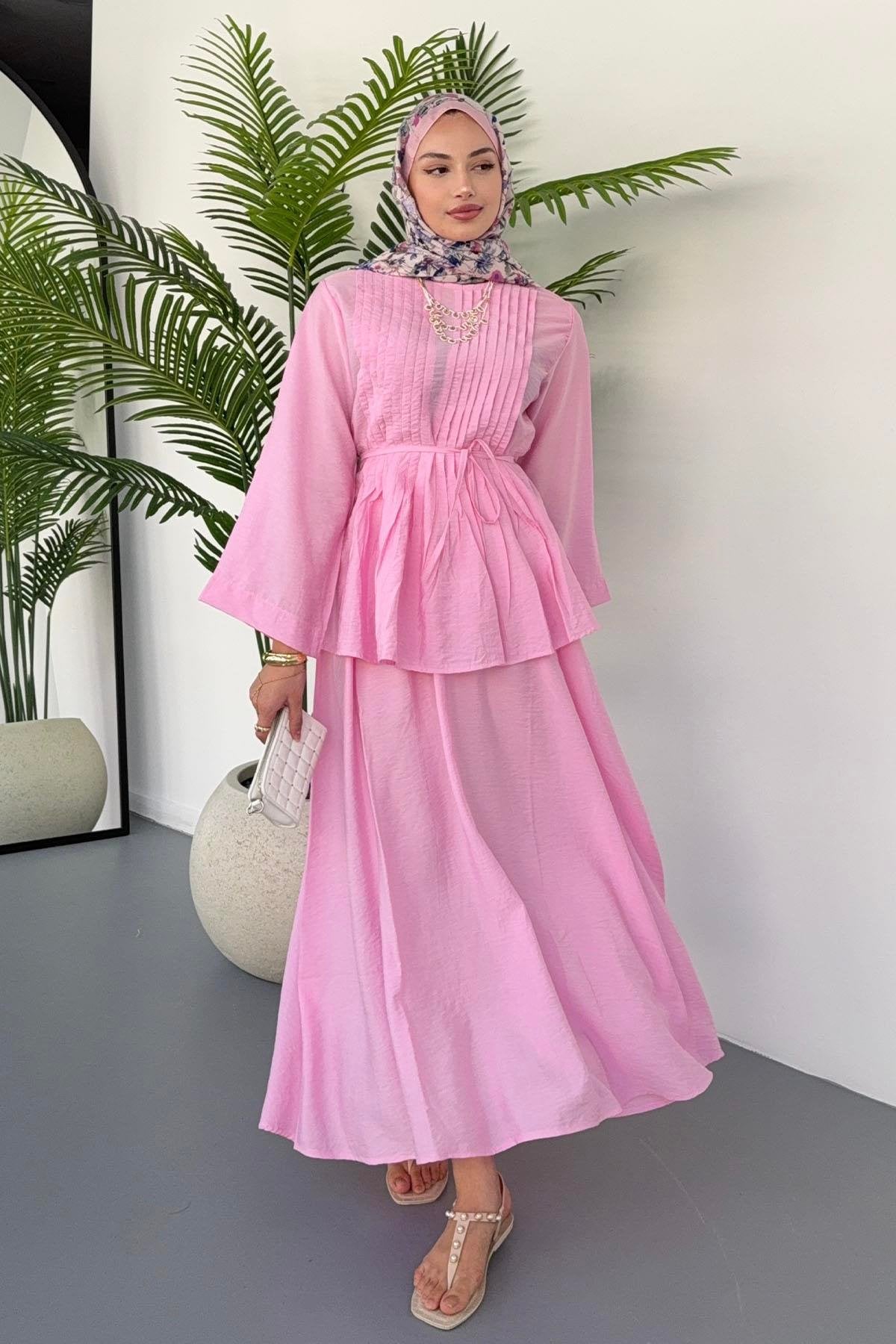 Nervürlü Bağcık Detaylı Bluz ve Dökümlü Etekli İkili Takım 8043 - Pembe