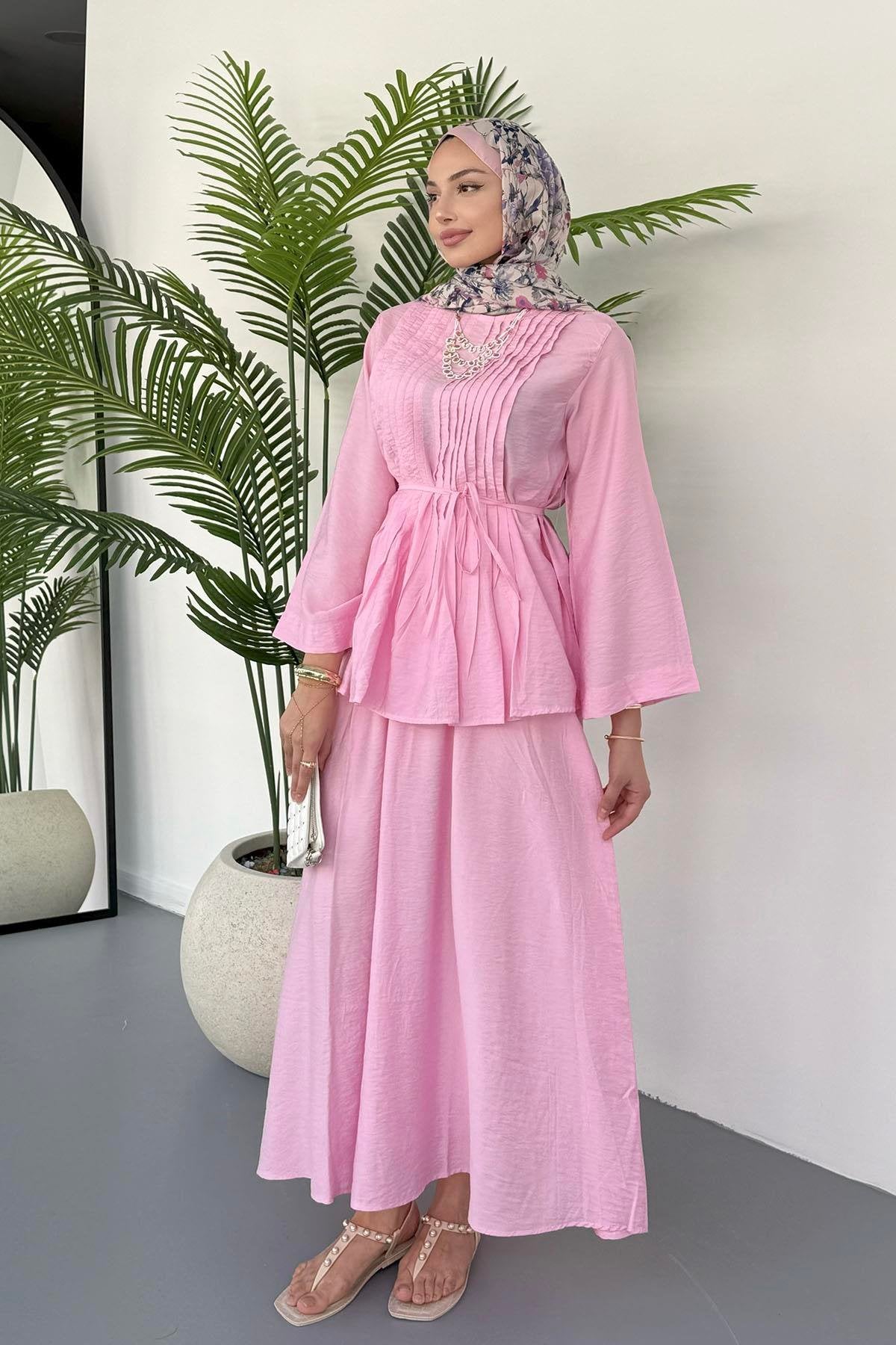 Nervürlü Bağcık Detaylı Bluz ve Dökümlü Etekli İkili Takım 8043 - Pembe