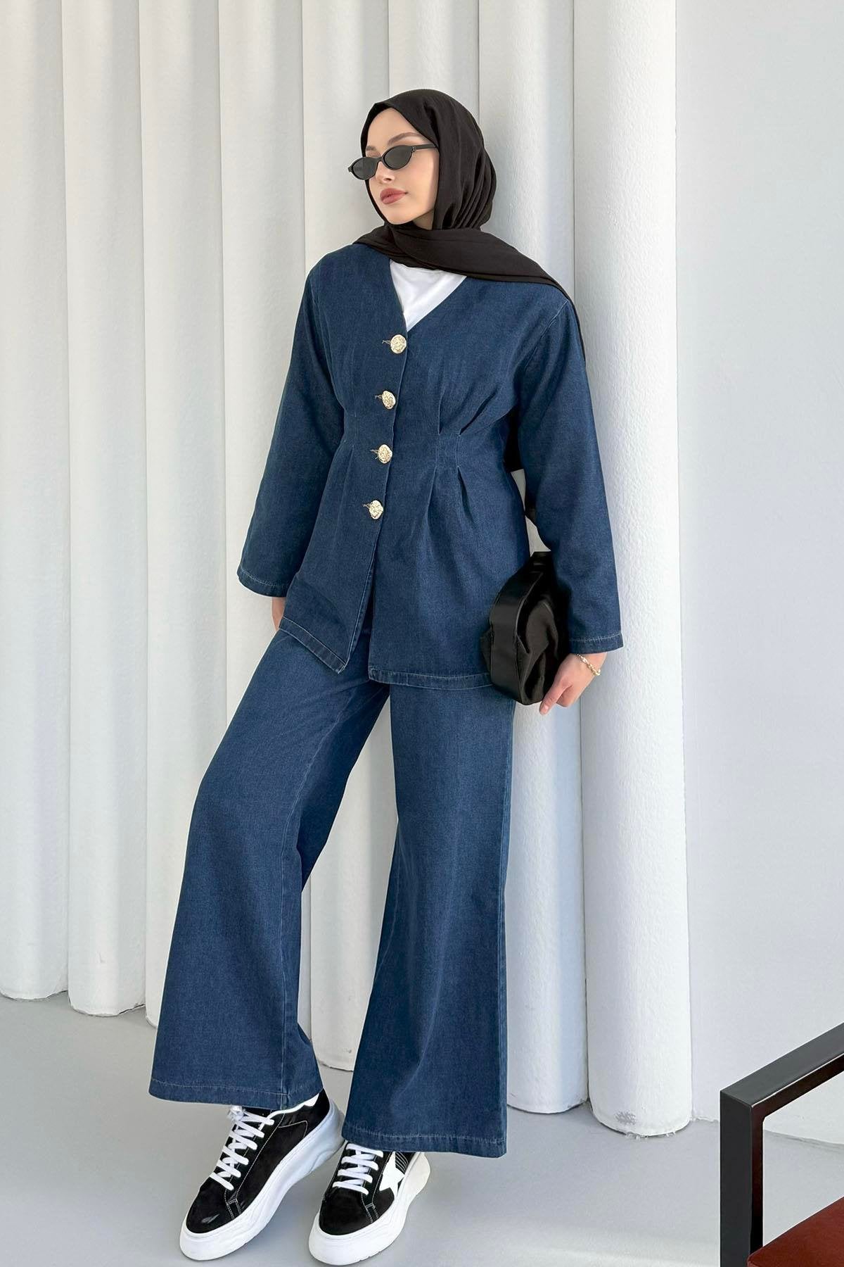 Önü Düğme Detaylı V Yaka Denim Pantolonlu İkili Takım 8925 - Lacivert