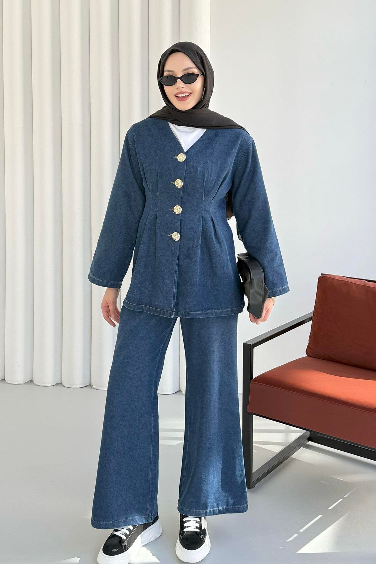Önü Düğme Detaylı V Yaka Denim Pantolonlu İkili Takım 8925 - Lacivert