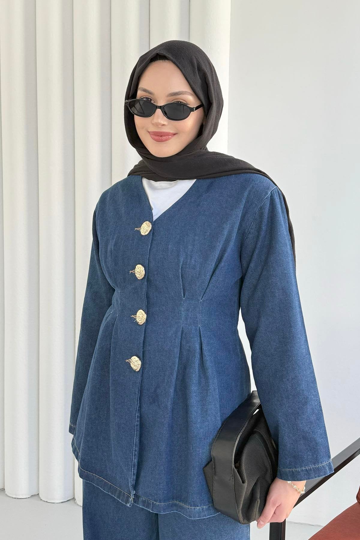 Önü Düğme Detaylı V Yaka Denim Pantolonlu İkili Takım 8925 - Lacivert