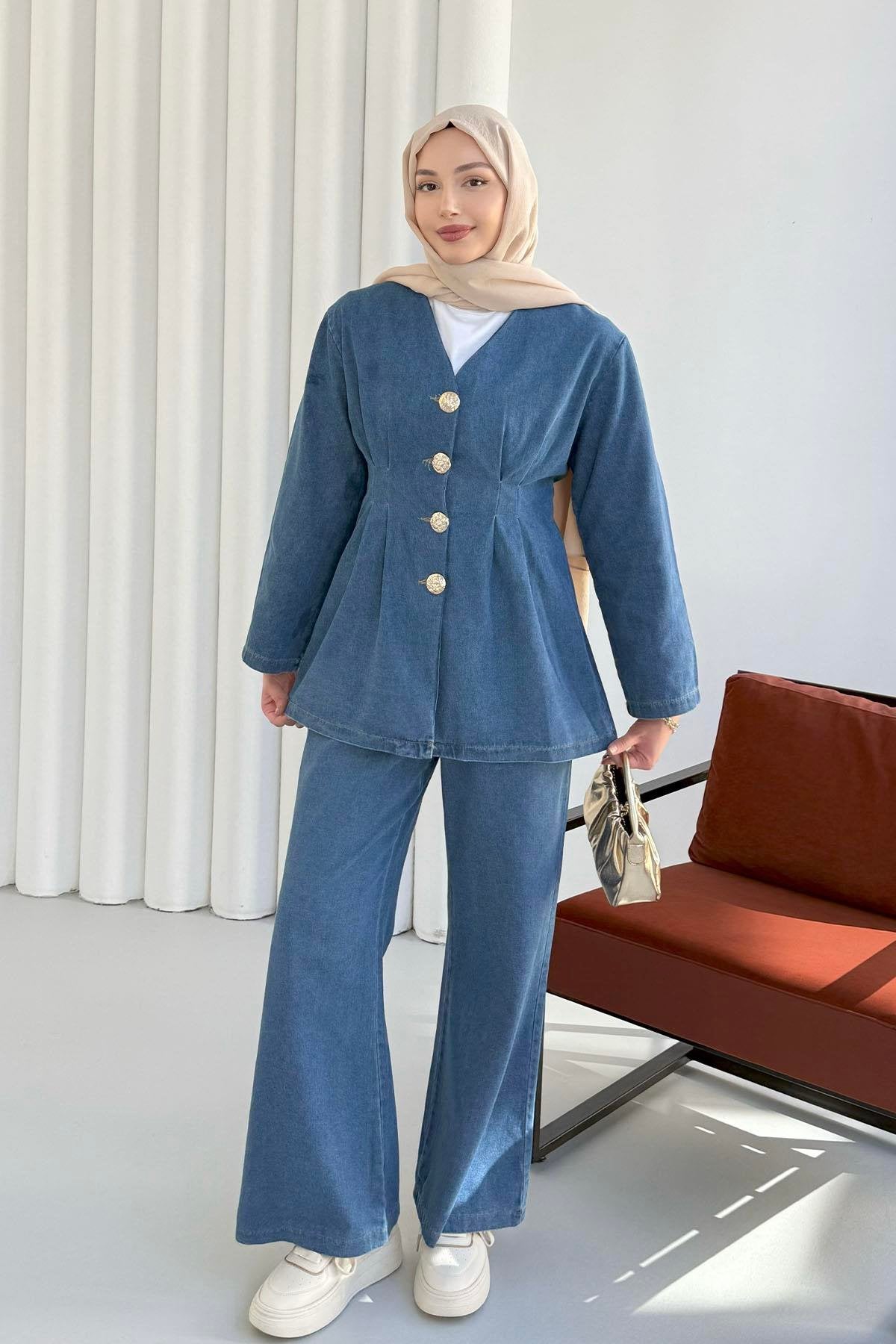 Önü Düğme Detaylı V Yaka Denim Pantolonlu İkili Takım 8925 - Mavi