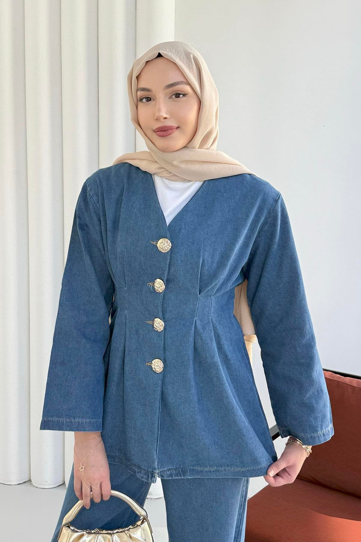 Önü Düğme Detaylı V Yaka Denim Pantolonlu İkili Takım 8925 - Mavi