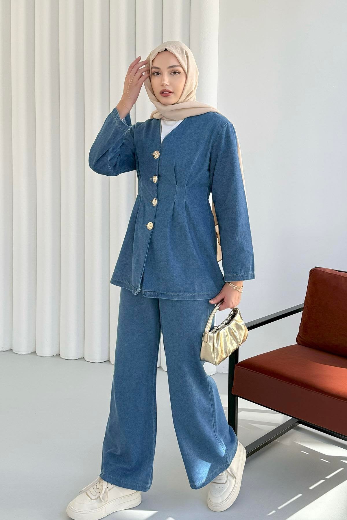 Önü Düğme Detaylı V Yaka Denim Pantolonlu İkili Takım 8925 - Mavi