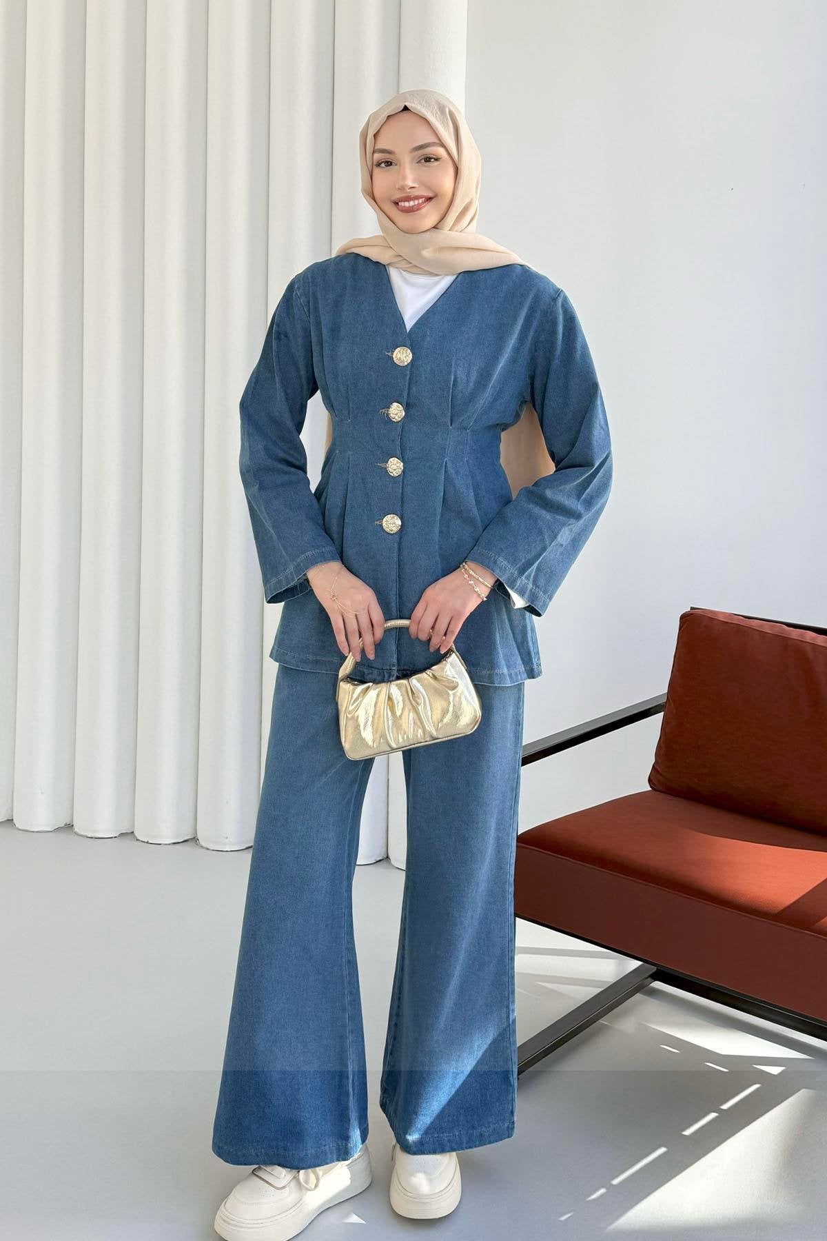 Önü Düğme Detaylı V Yaka Denim Pantolonlu İkili Takım 8925 - Mavi
