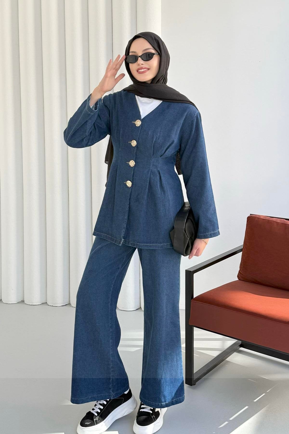 Önü Düğme Detaylı V Yaka Denim Pantolonlu İkili Takım 8925 - Lacivert