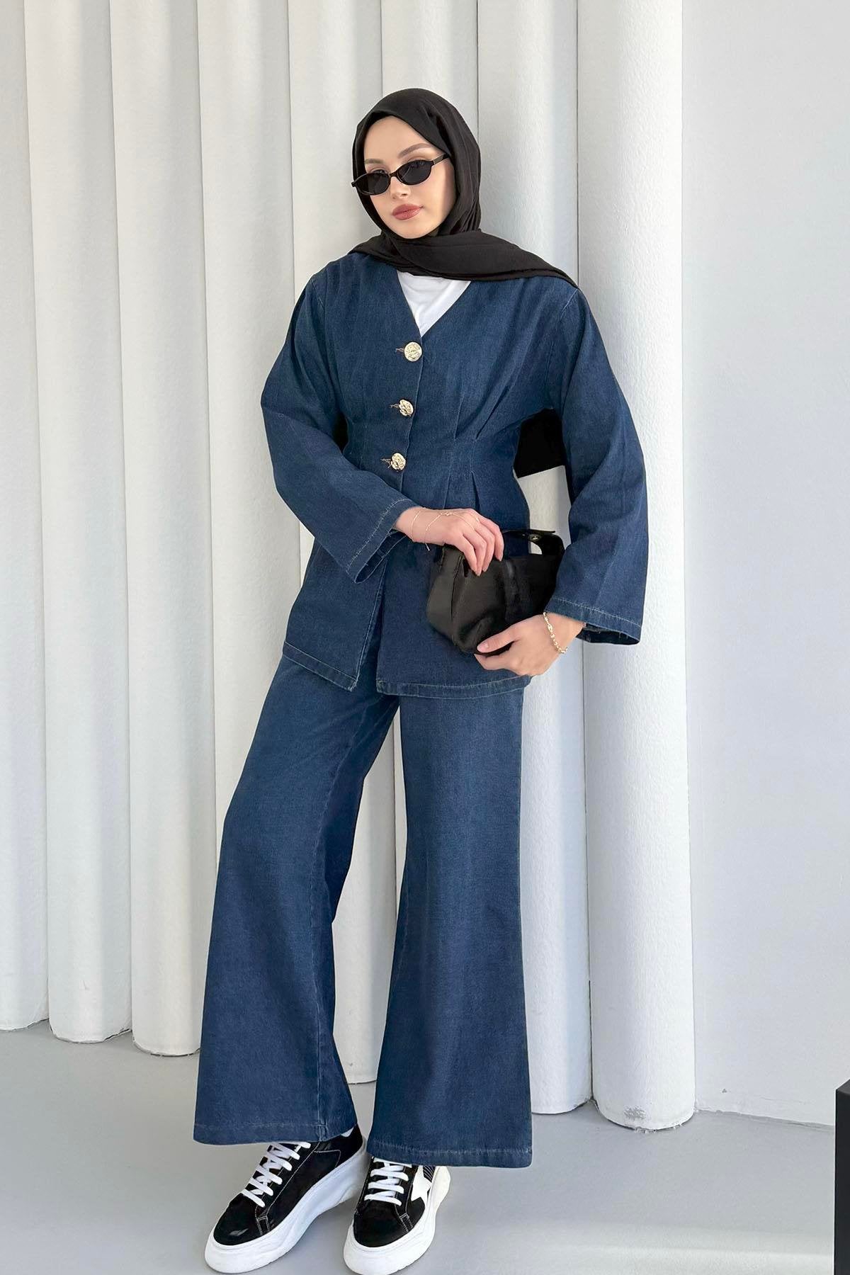Önü Düğme Detaylı V Yaka Denim Pantolonlu İkili Takım 8925 - Lacivert