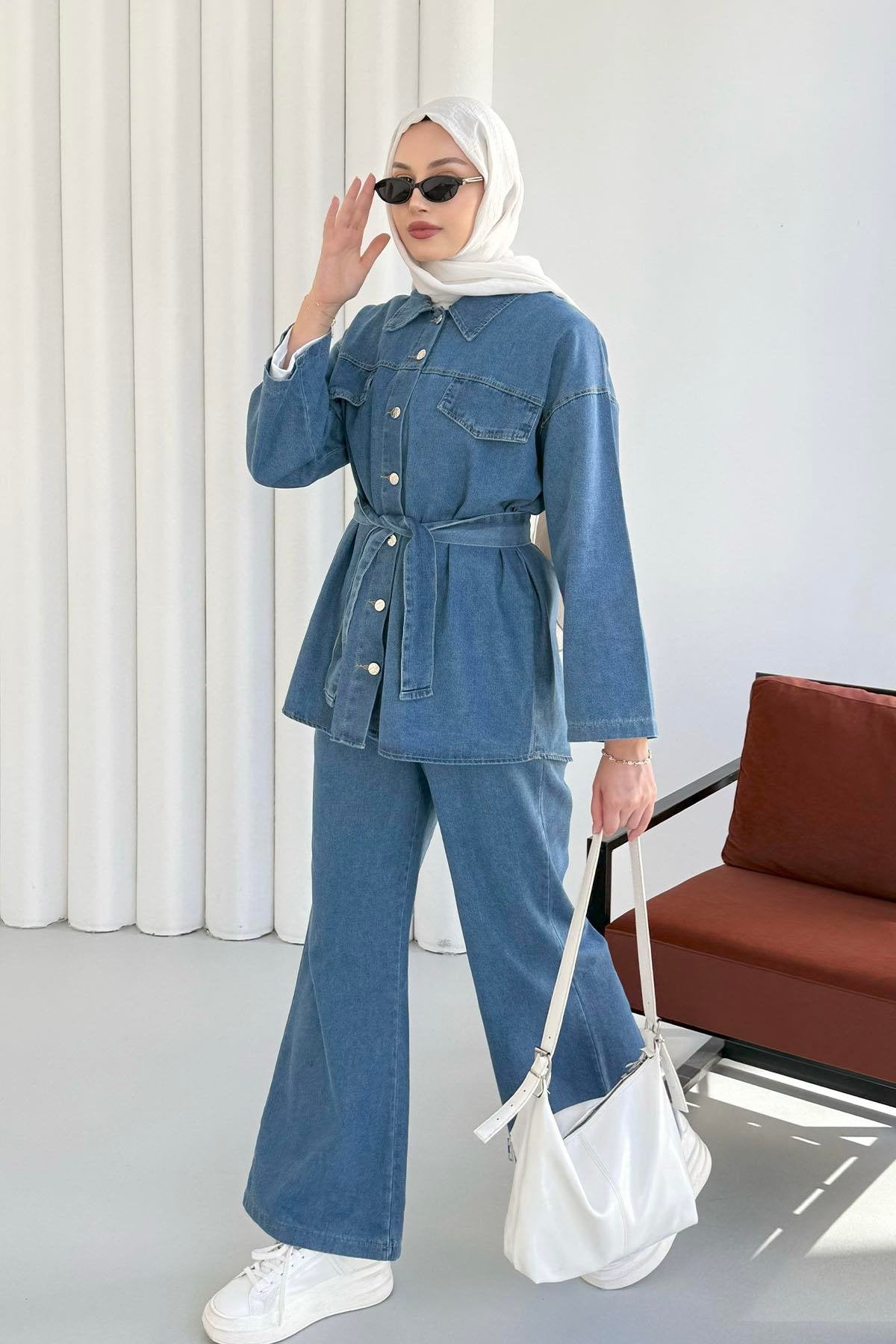 Önü Düğmeli Kuşaklı Denim İkili Takım Mavi - 8923