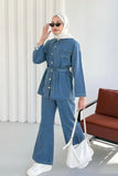 Önü Düğmeli Kuşaklı Denim İkili Takım Mavi - 8923