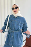 Önü Düğmeli Kuşaklı Denim İkili Takım Mavi - 8923