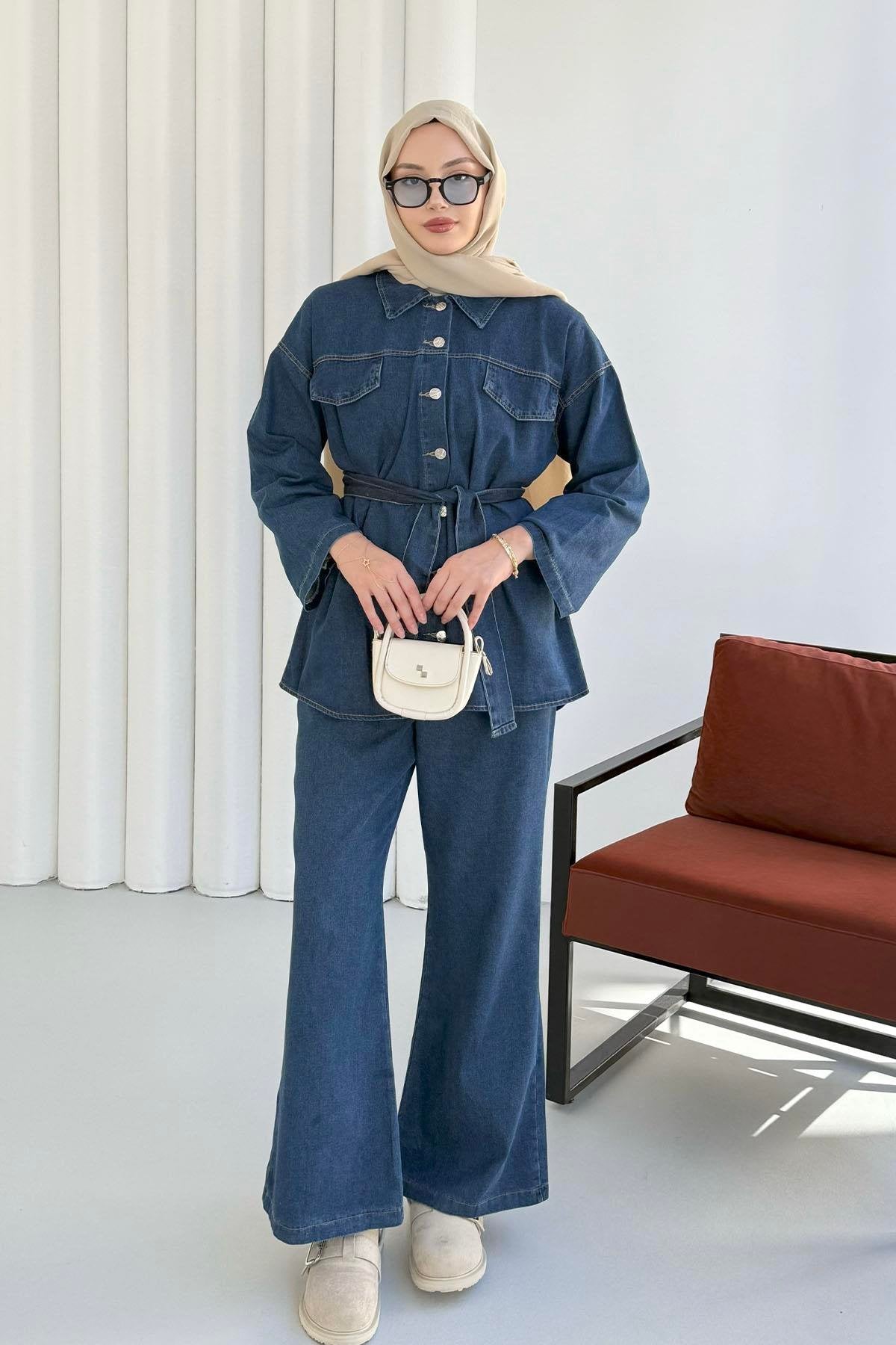 Önü Düğmeli Kuşaklı Denim İkili Takım Lacivert - 8923
