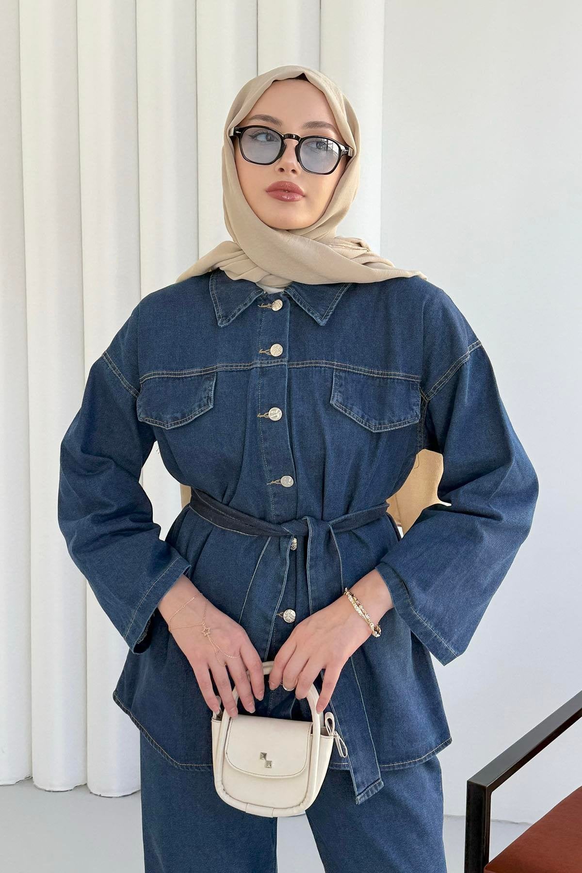 Önü Düğmeli Kuşaklı Denim İkili Takım Lacivert - 8923