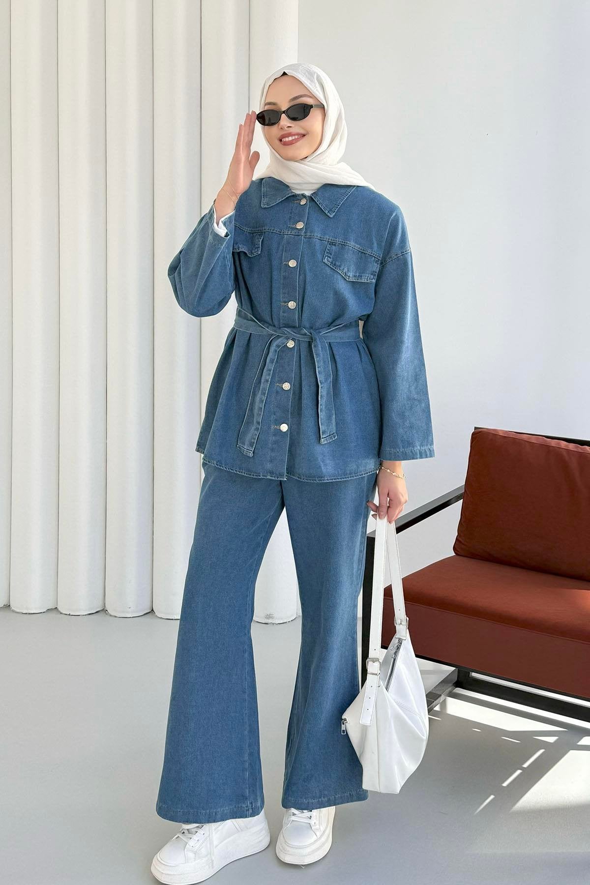 Önü Düğmeli Kuşaklı Denim İkili Takım Mavi - 8923