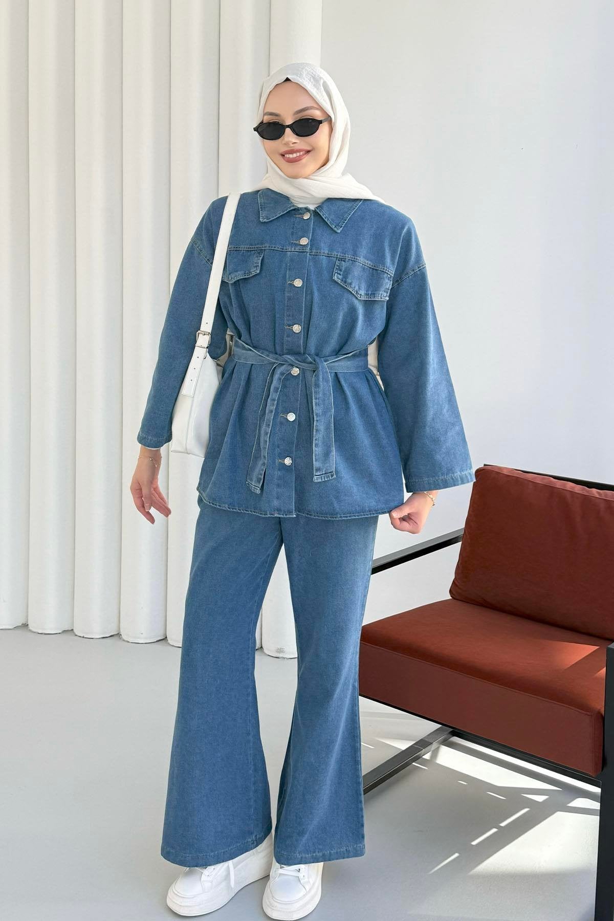 Önü Düğmeli Kuşaklı Denim İkili Takım Mavi - 8923